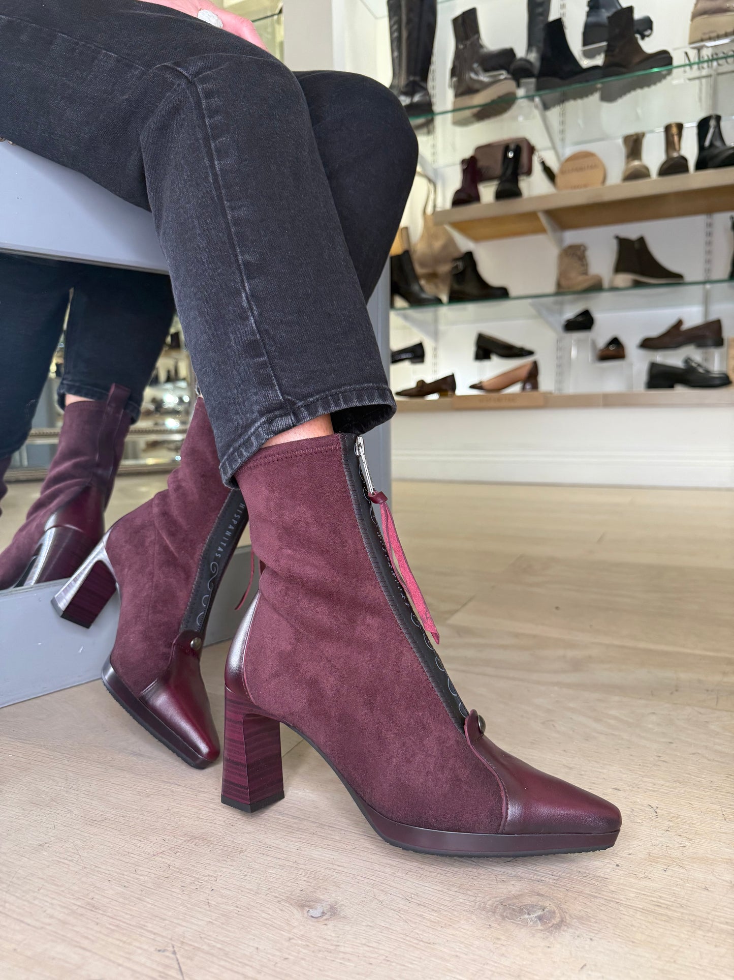 Hispanitas - Wine Suede & Leather Mix Front Zip Sock Boot