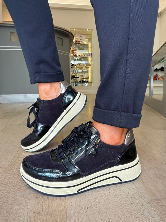 Ara - Dark Navy Suede / Patent Mix Lace Up Trainer With Side Zip