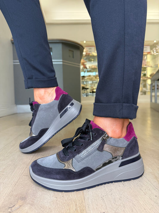 Ara - Dark Navy / Grey Suede Multi Coloured Lace Up Trainer With Side Zip