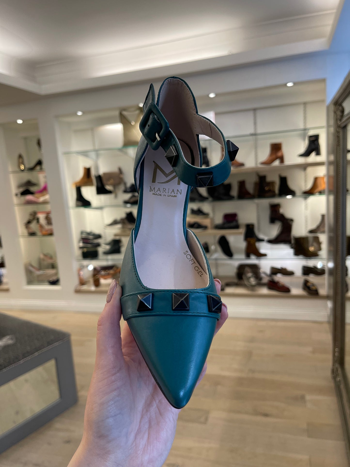 Marian - Teal Pointy Toe Shoe With Stud Detail And Ankle Strap