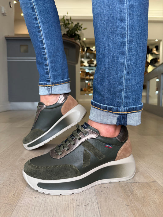 Callaghan - Dark Khaki Mix Lace Up Chunky Sole Trainer