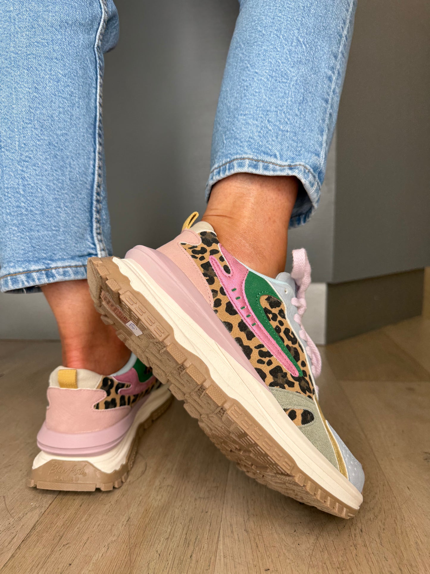 Blowfish Malibu - Leo Leopard Suede/ Multi Pastel Combo Retro Lace Up Chunky Trainer
