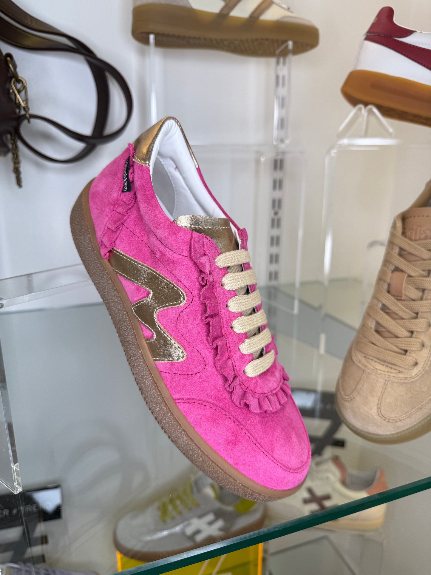 Marco Moreo - Hot Pink Suede Trainer With Soft Bronze Metallic Trim