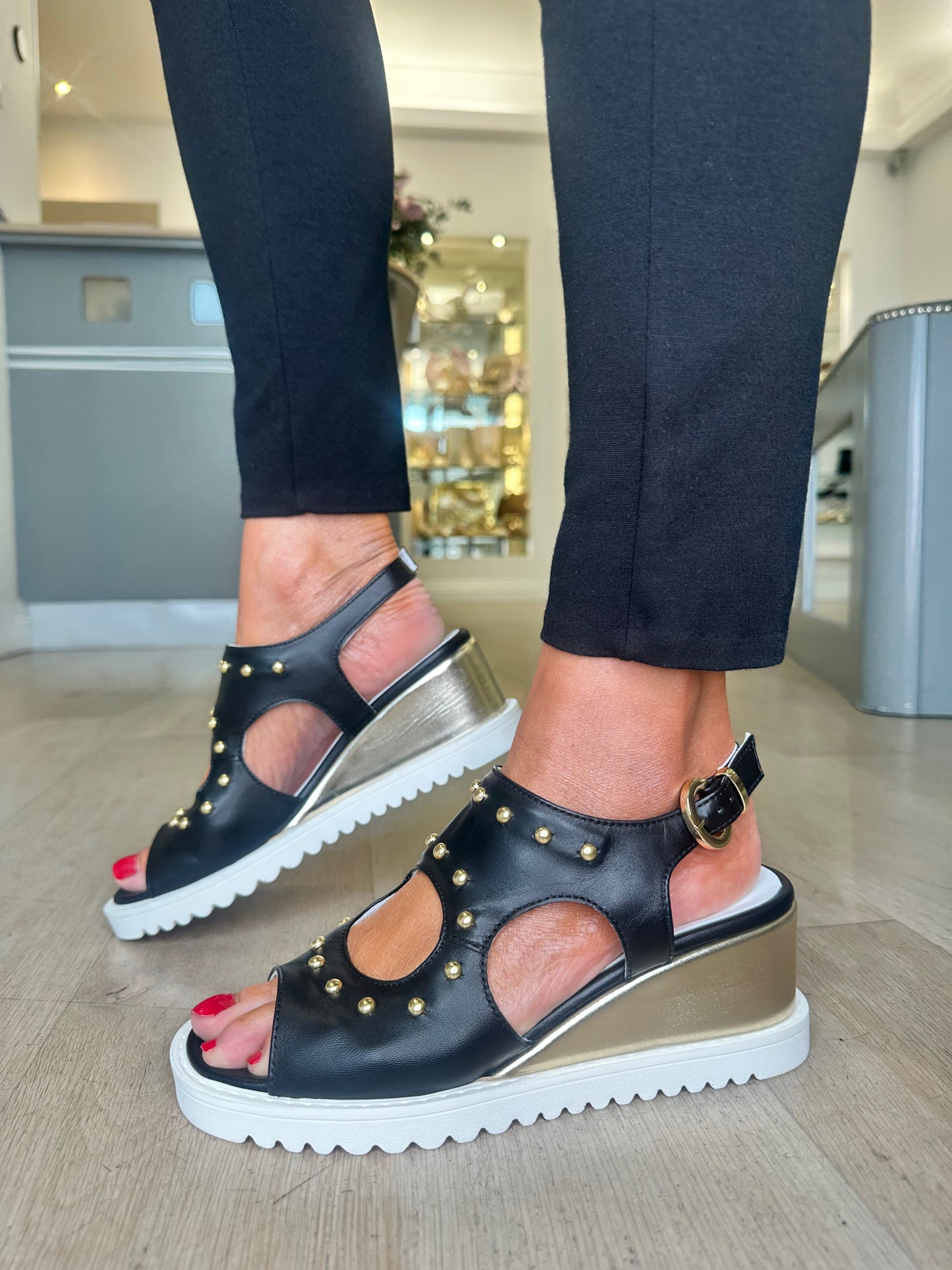 Marco Moreo - Black Nappa Leather Wedge Sandal With Gold Stud Trim