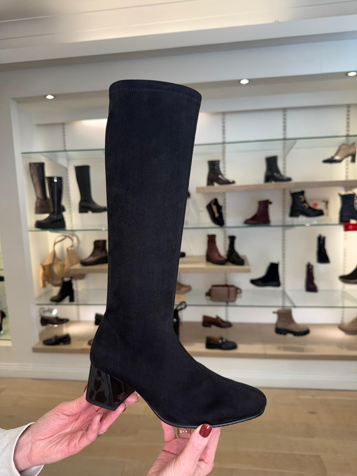 Miss Elastic - Long Black Suede Stretch Fabric Block Heel Boot
