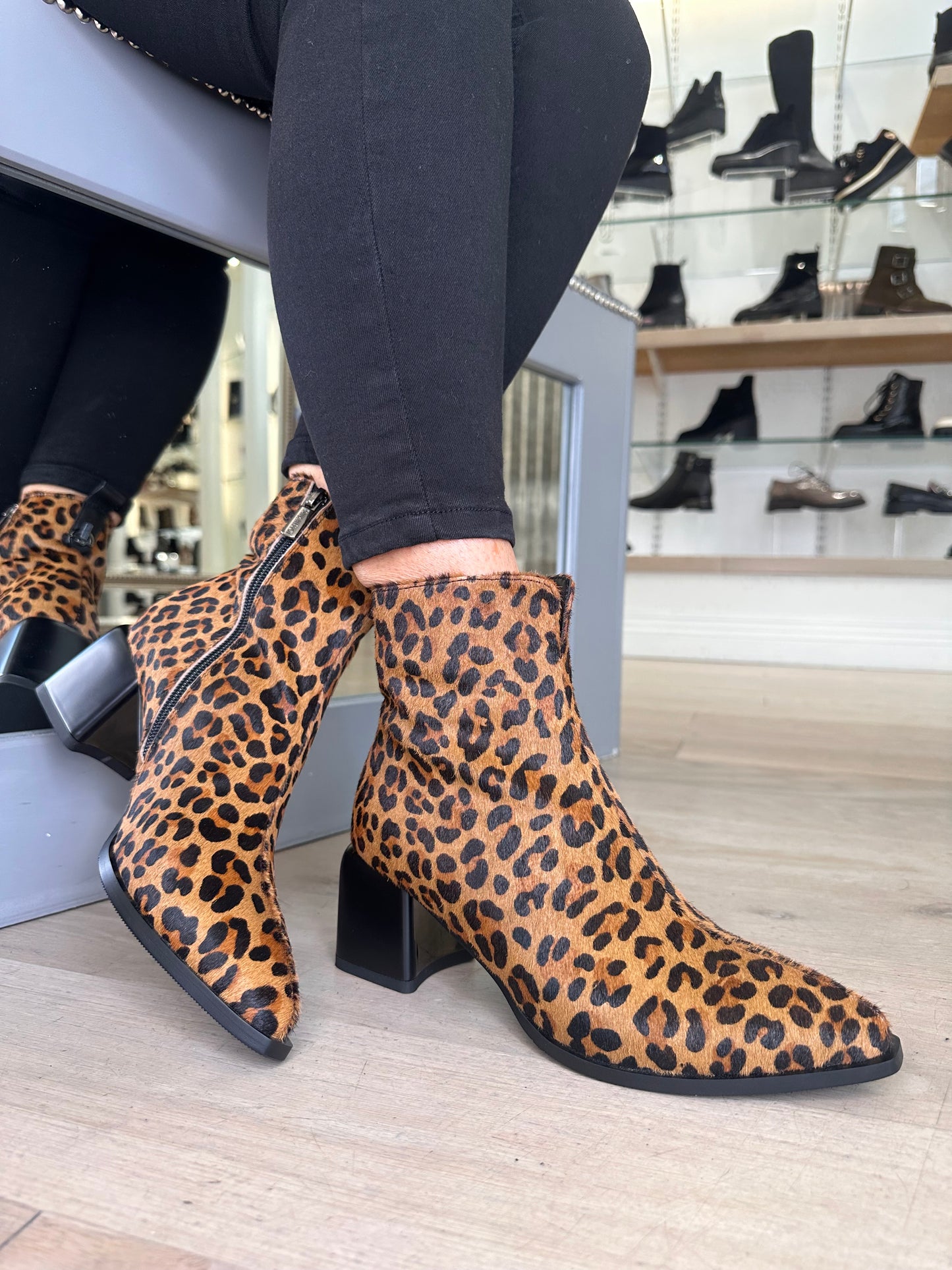 Loretta Vitale - Leopard Print Pointy Toe Block Heel Boot