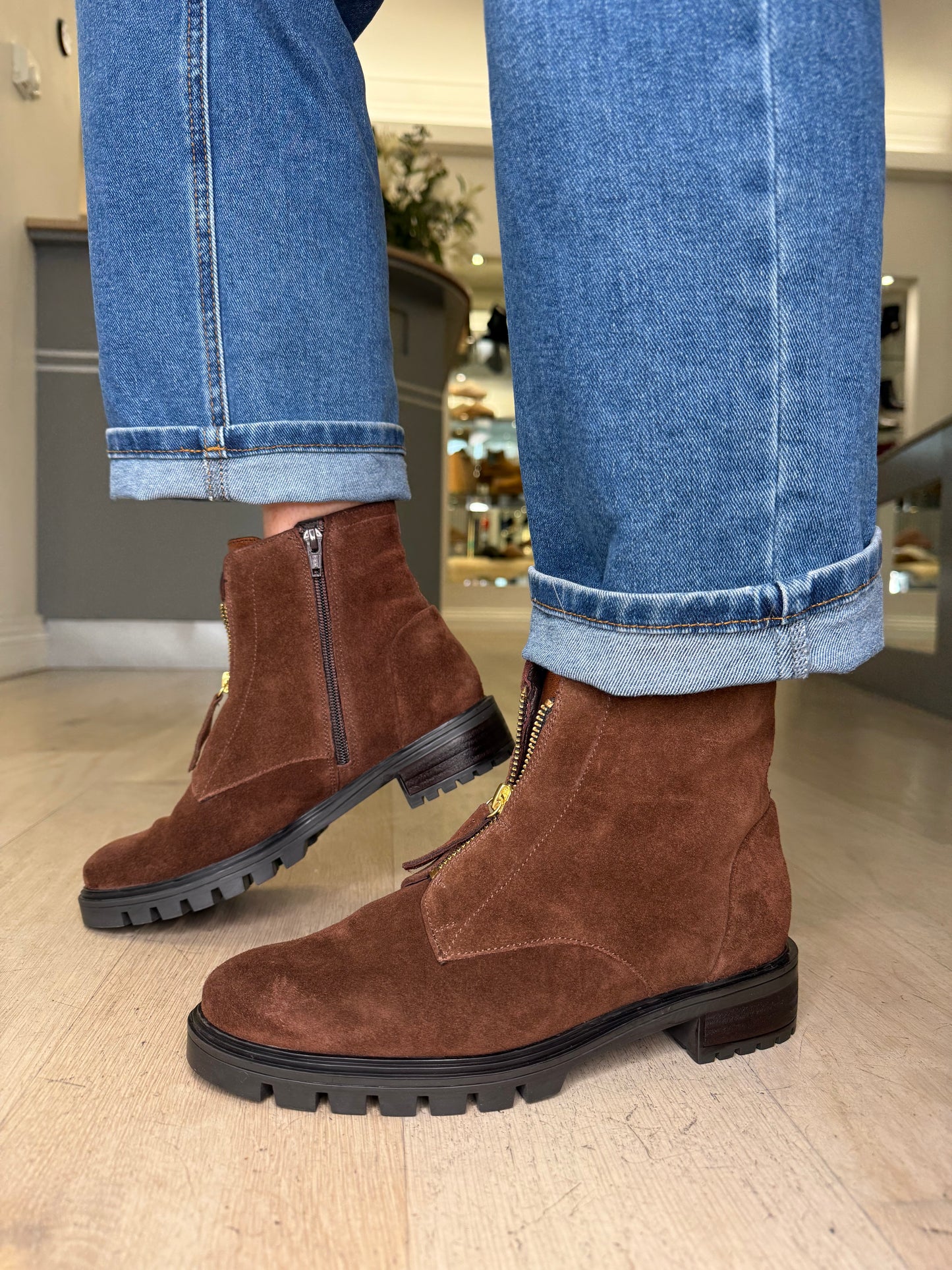 Ara -Chocolate Brown Suede Chelsea Style Boot With Bronze Trim
