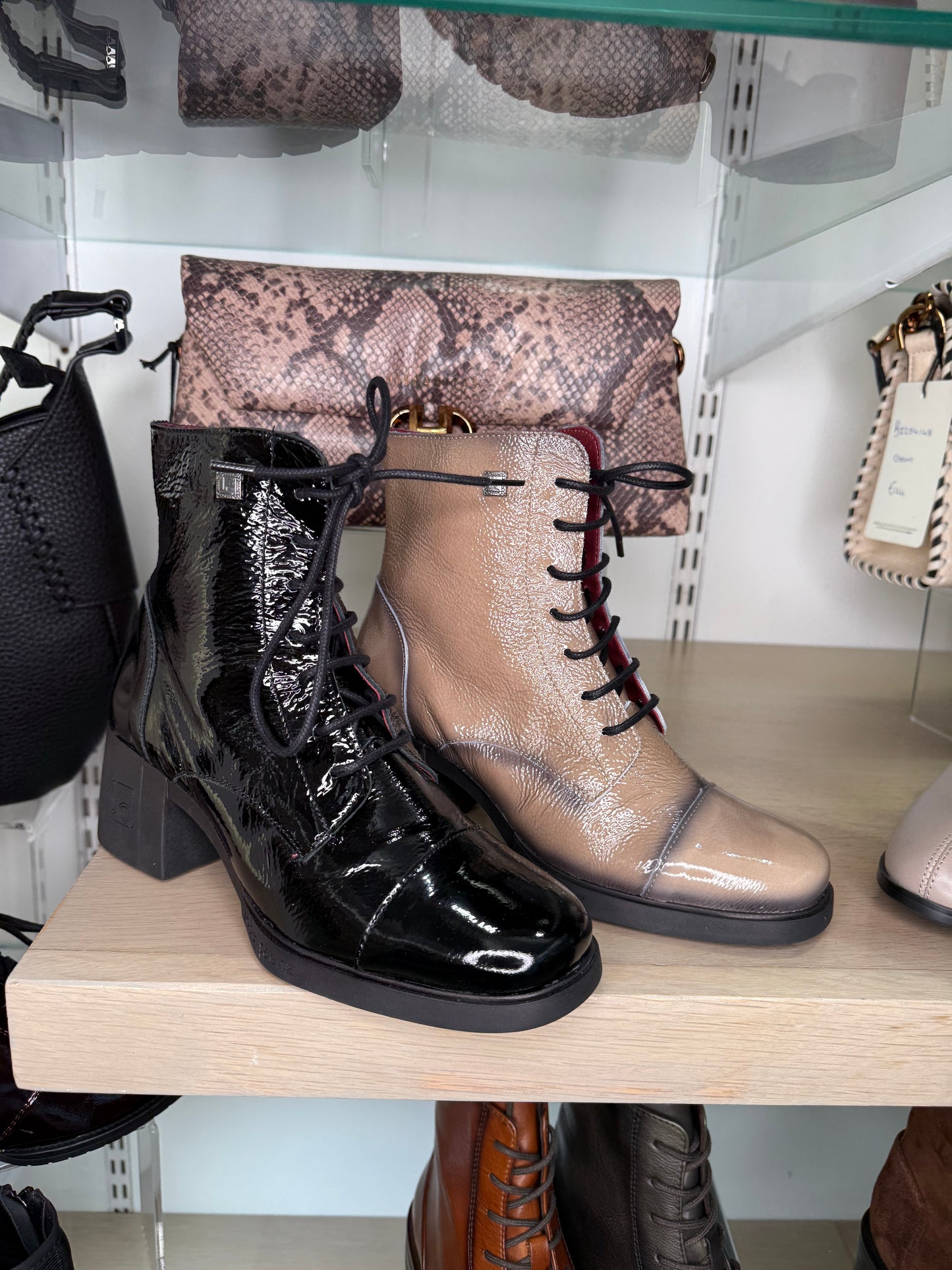 Jose Saenz - Beige/Taupe Flexy Patent Leather Lace Up Boot With Block Heel & Side Zip