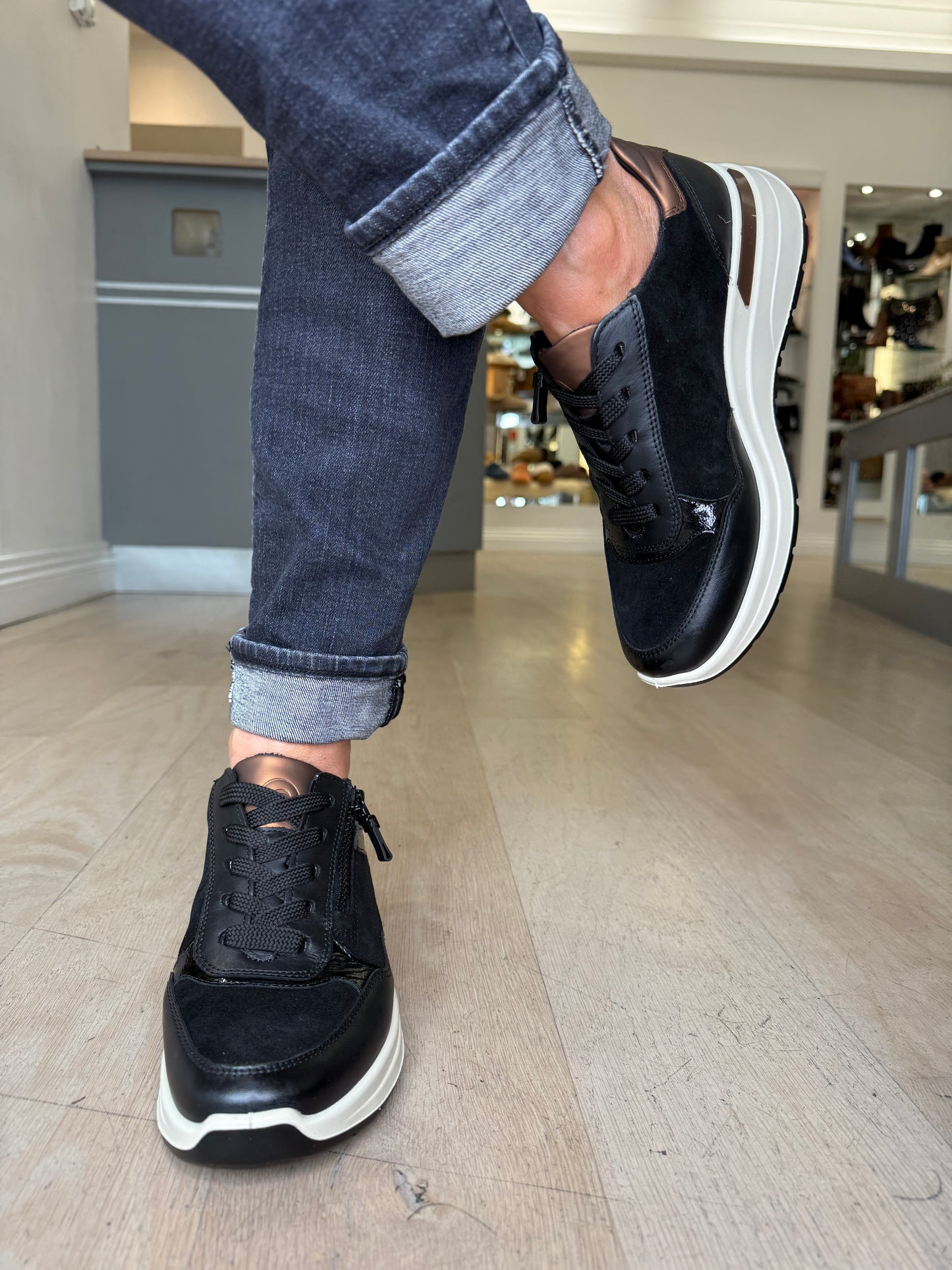 Ara - Black Suede / Leather Mix Lace Up Trainer With Side Zip