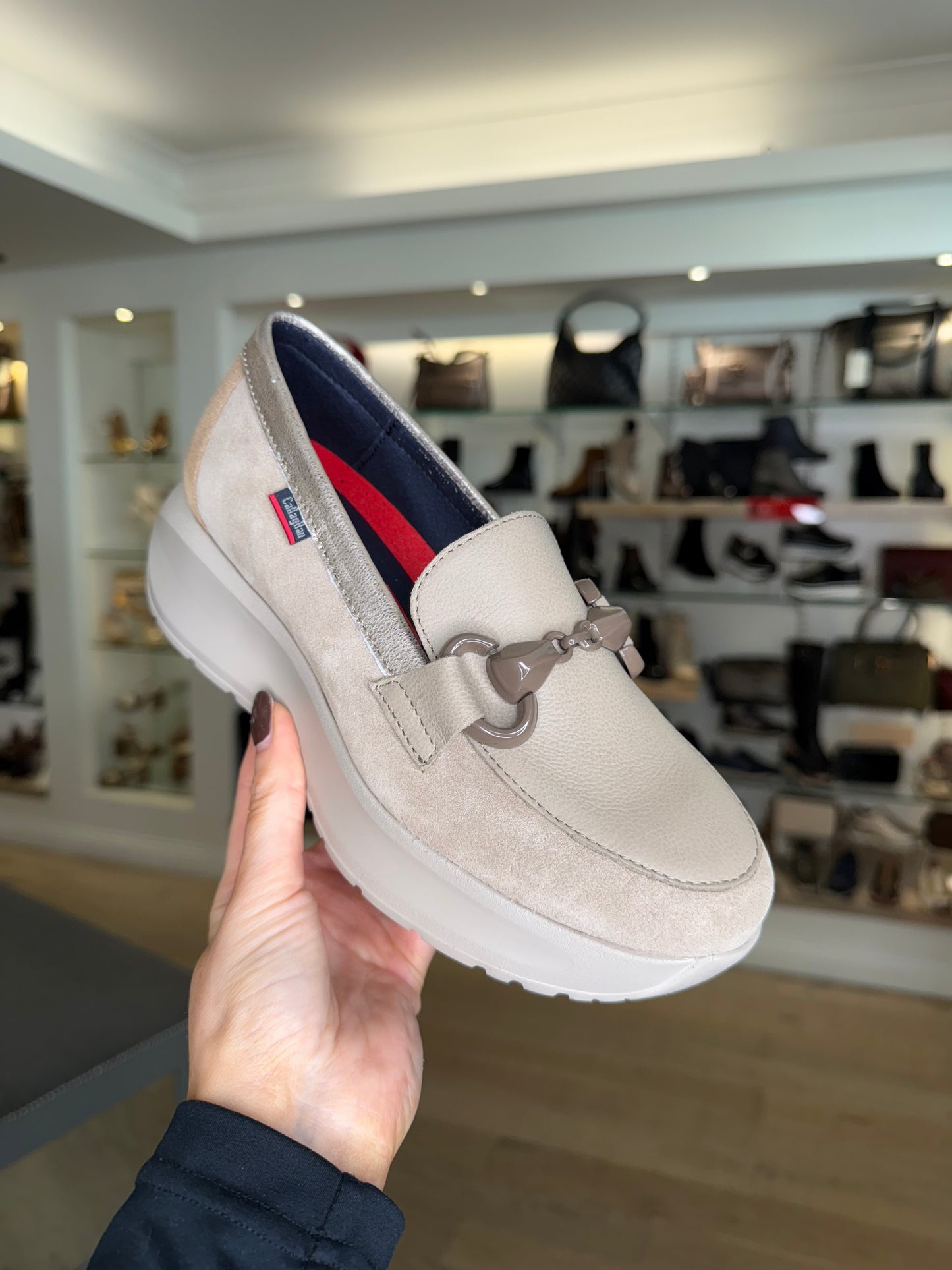 Callaghan - Stone Suede Leather Mix With Soft Bronze Trim Slip On Chunky Sole Shoe