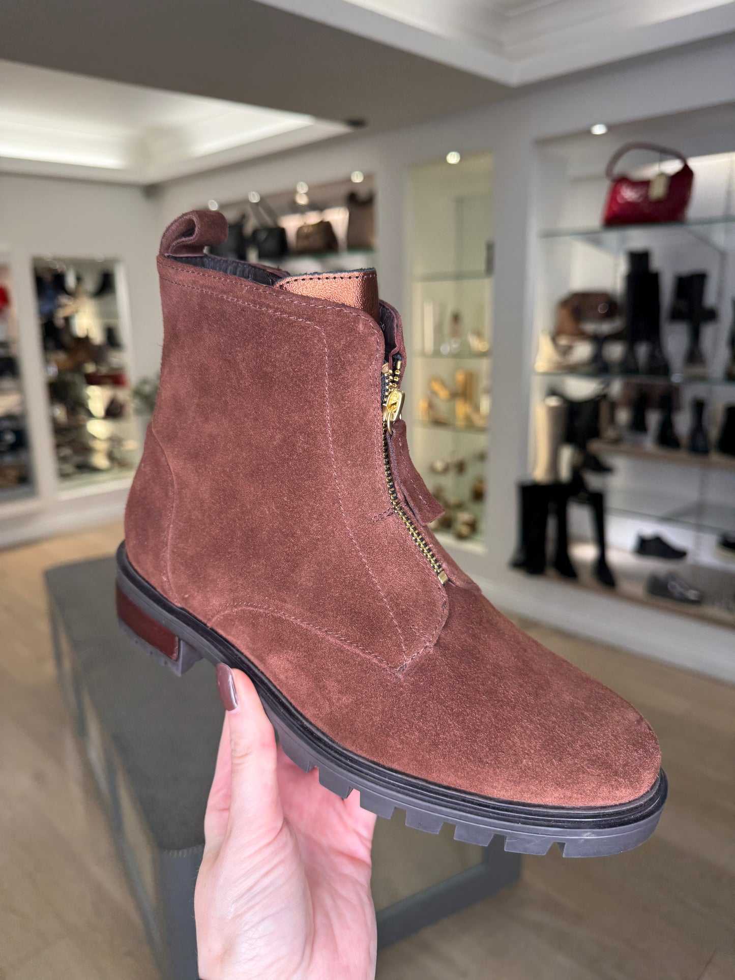 Ara -Chocolate Brown Suede Chelsea Style Boot With Bronze Trim