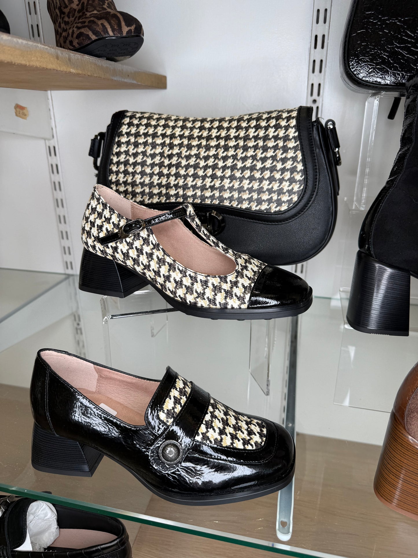 Hispanitas - Black/Cream Houndstooth T-Bar Square Toe Shoe