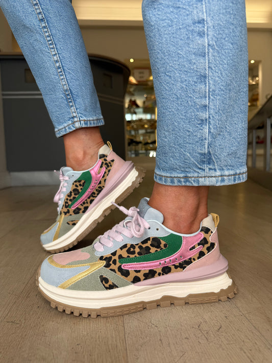 Blowfish Malibu - Leo Leopard Suede/ Multi Pastel Combo Retro Lace Up Chunky Trainer