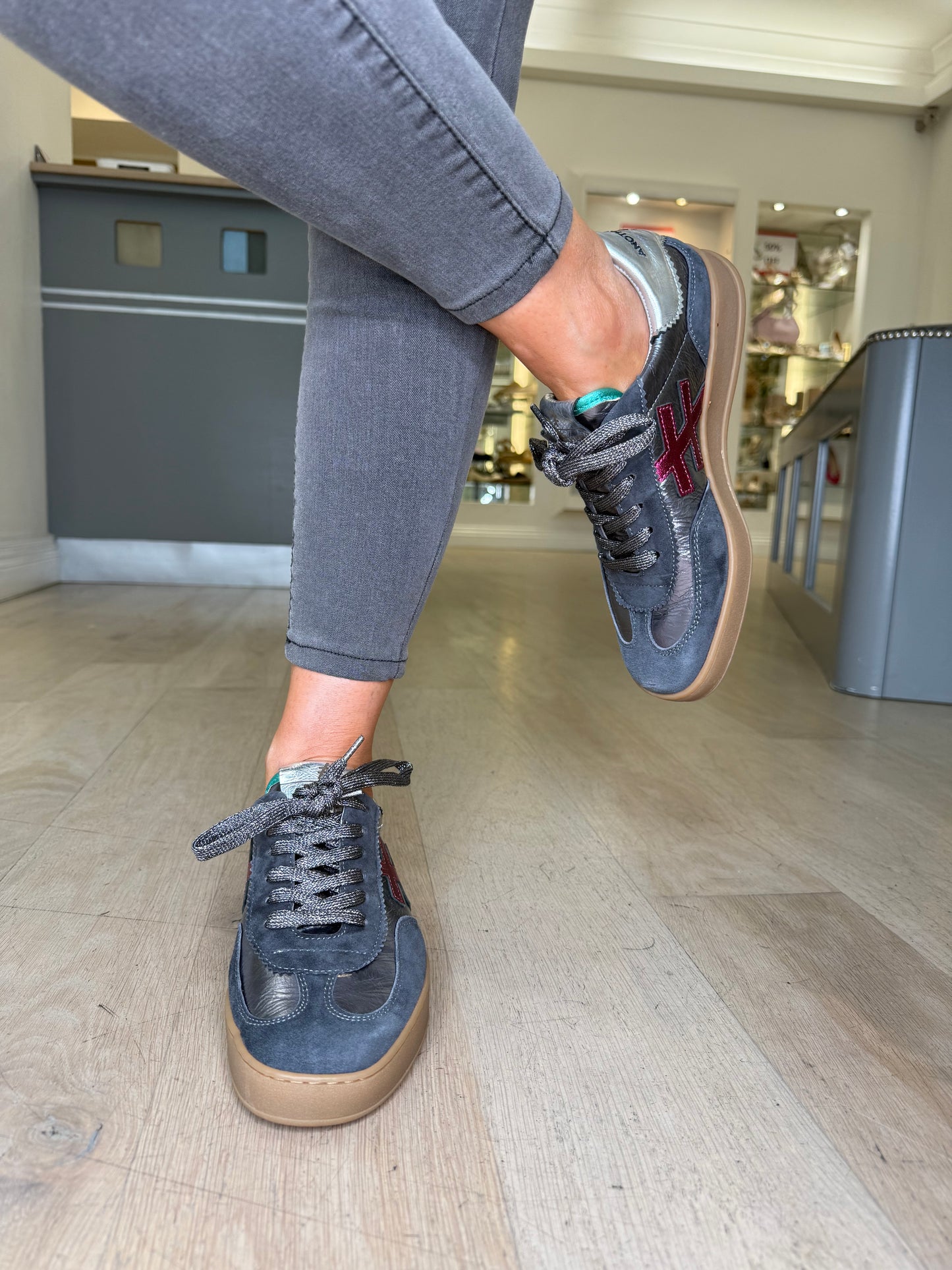 Another Trend - Grey Suede/Metallic Trainer With Pink and Turquoise Trim