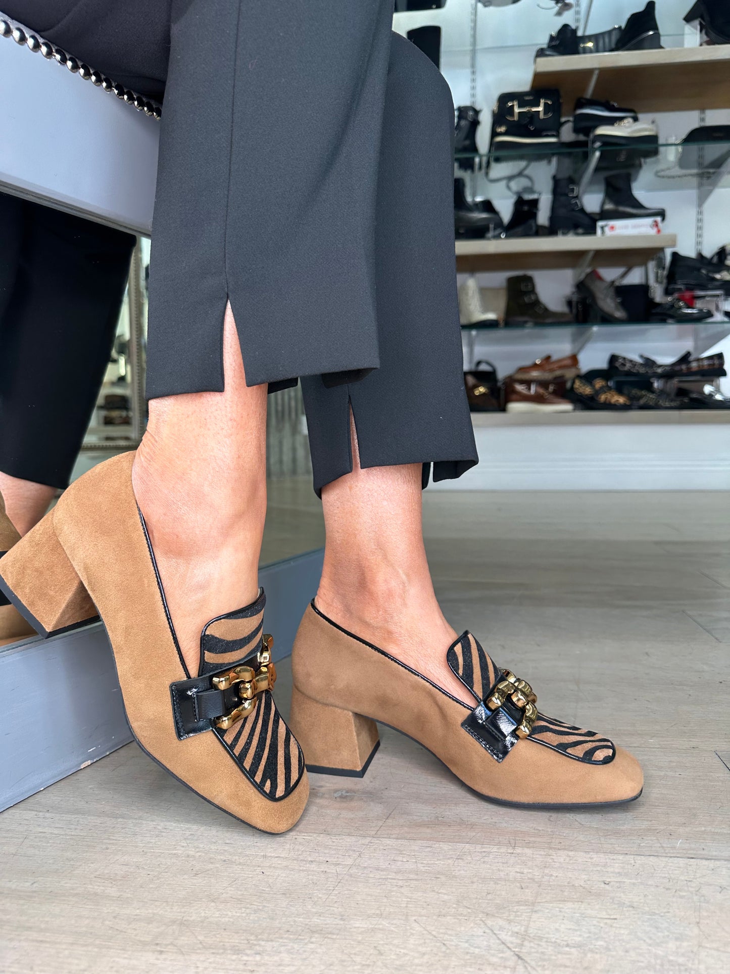 Marian - Tan Suede Block Heel Shoe With Zebra Print Trim