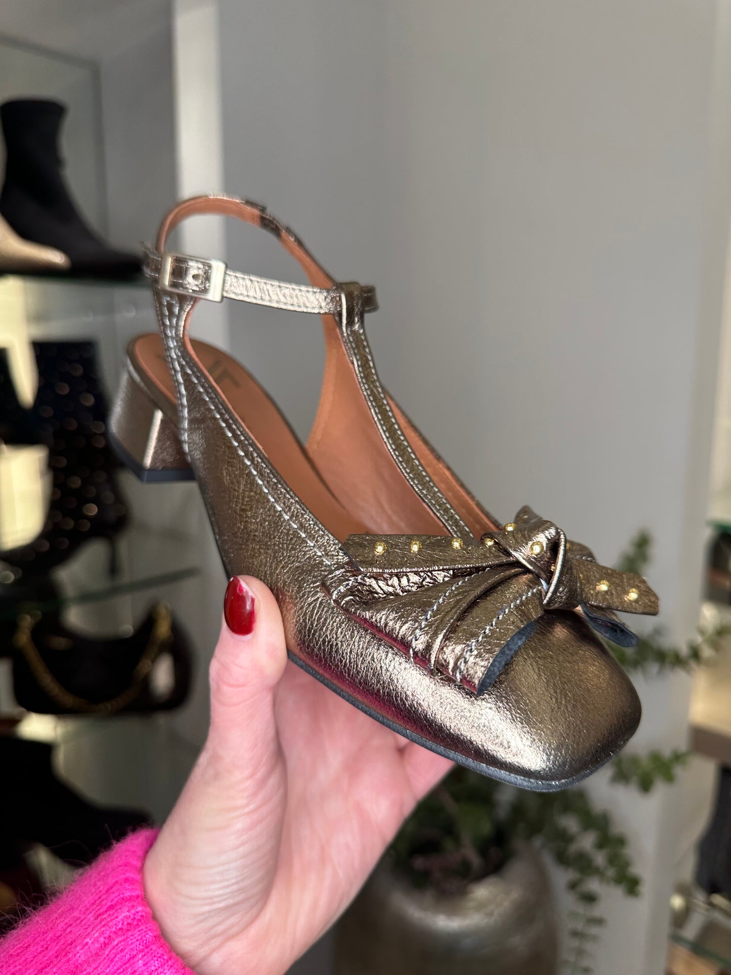Marian - Pewter T-Bar Pomp Style Shoe With Bow Trim