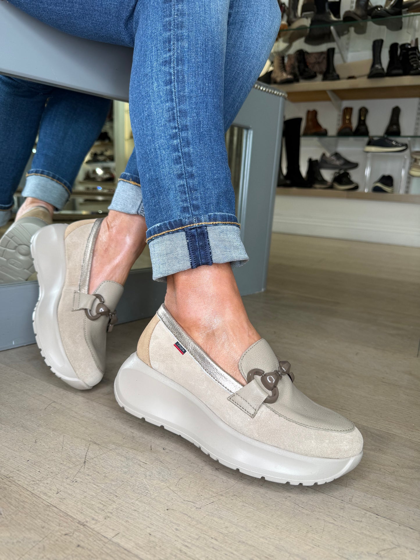 Callaghan - Stone Suede Leather Mix With Soft Bronze Trim Slip On Chunky Sole Shoe