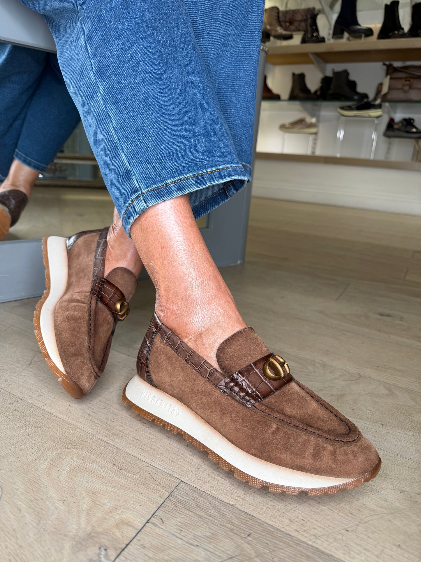 Hispanitas - Soft Brown Suede Moccasin Shoe With Dark Brown Croc Trim