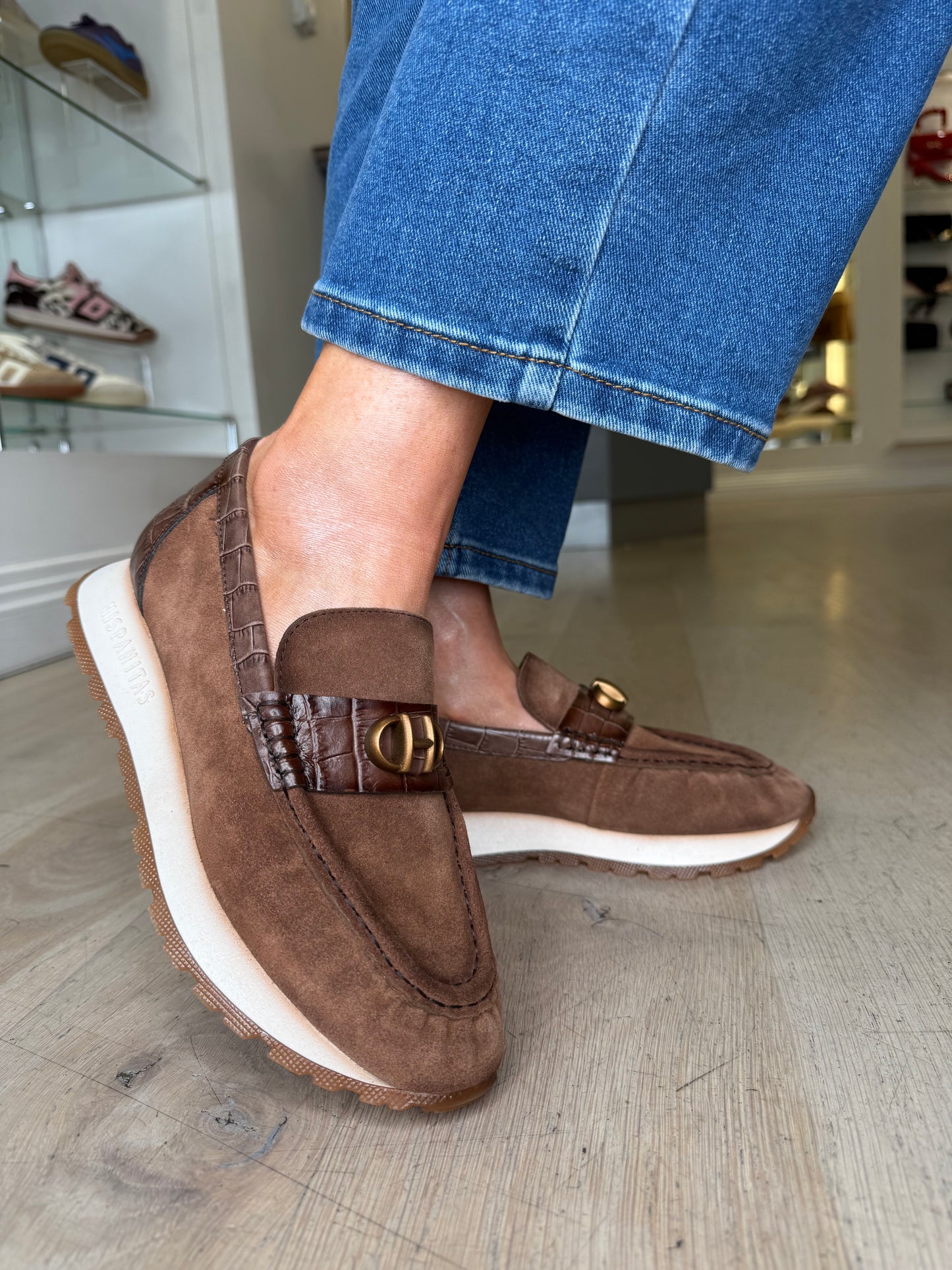 Hispanitas - Soft Brown Suede Moccasin Shoe With Dark Brown Croc Trim