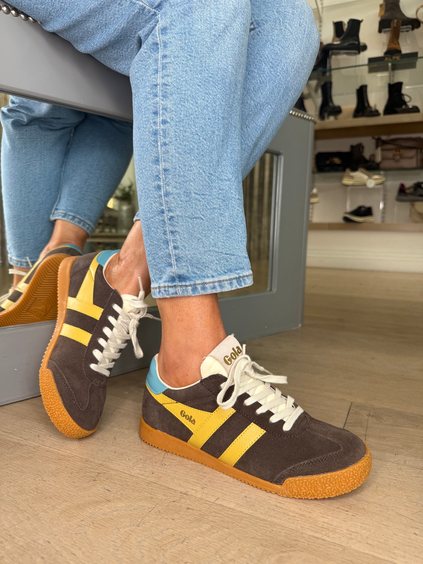 Gola - Elan Soft Mocha Brown Suede Trainer With Yellow & Blue Trim
