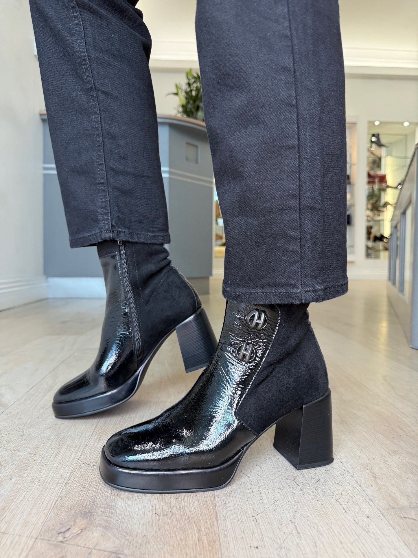 Hispanitas - Black Flexy Patent/ Stretch Suede Block Heel Boot