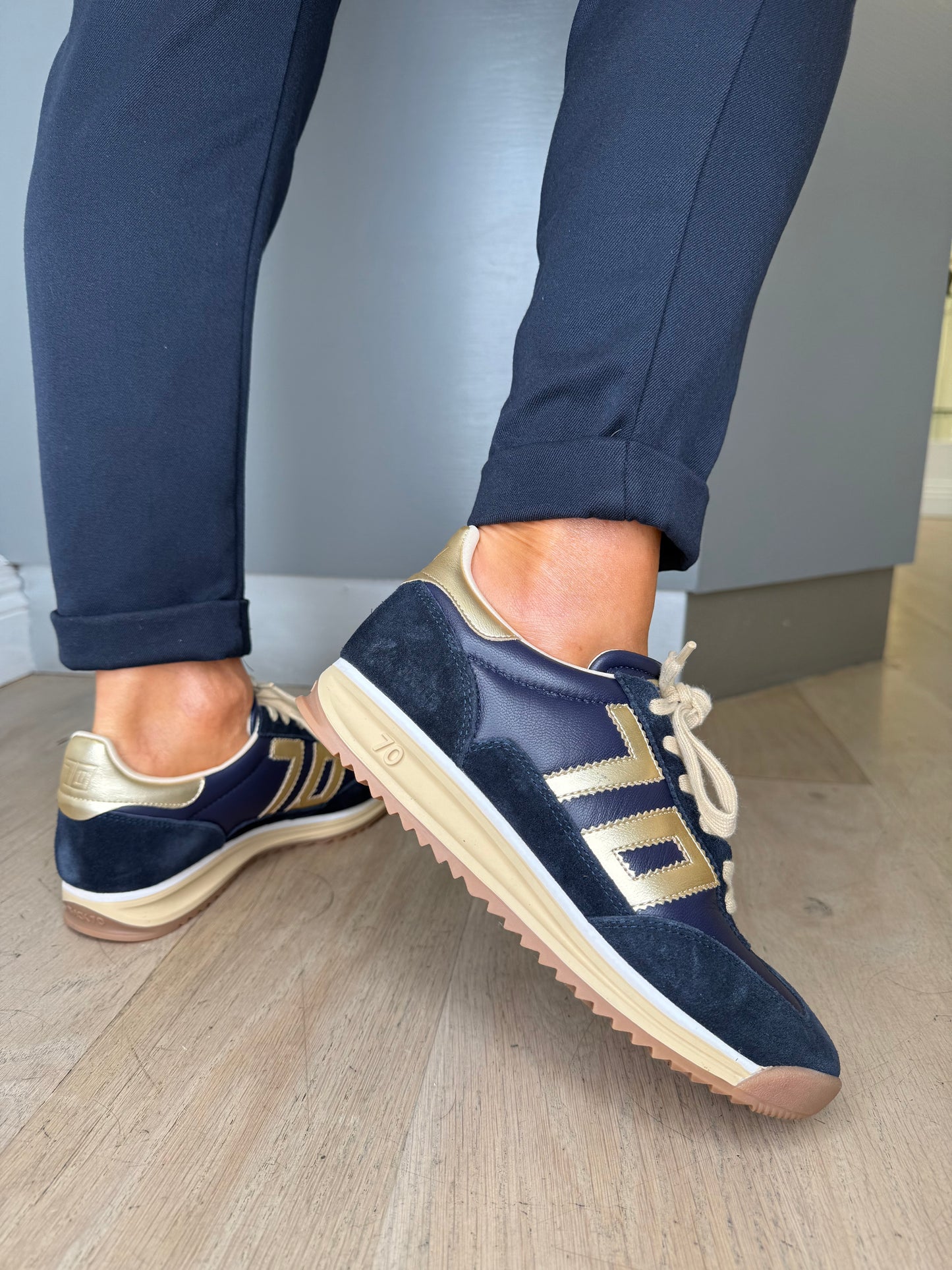 Back 70 - Dark Navy Suede / Leather Trainer with Gold Metallic Trim