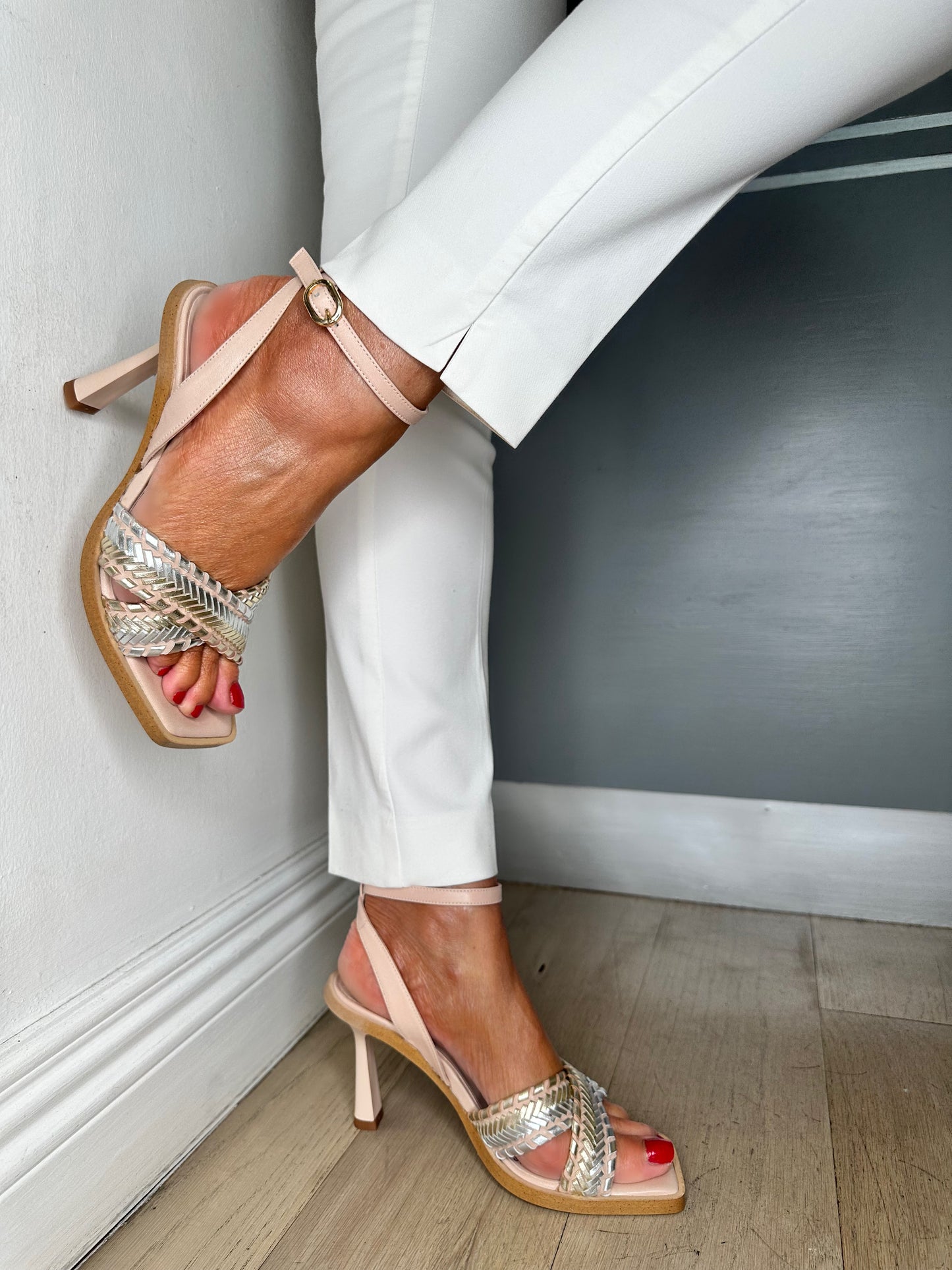 Lodi - Blush Nude Strappy Sandal With Gold & Silver Stitching