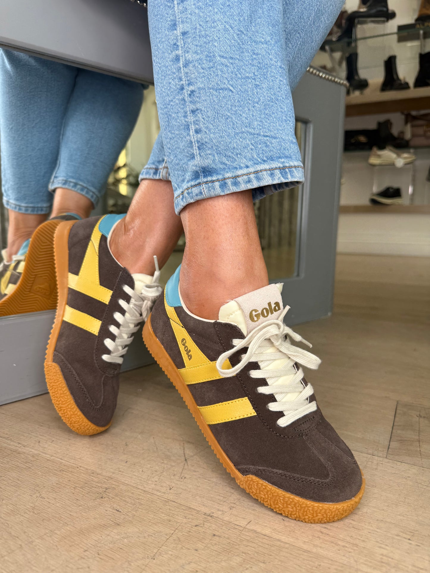 Gola - Elan Soft Mocha Brown Suede Trainer With Yellow & Blue Trim