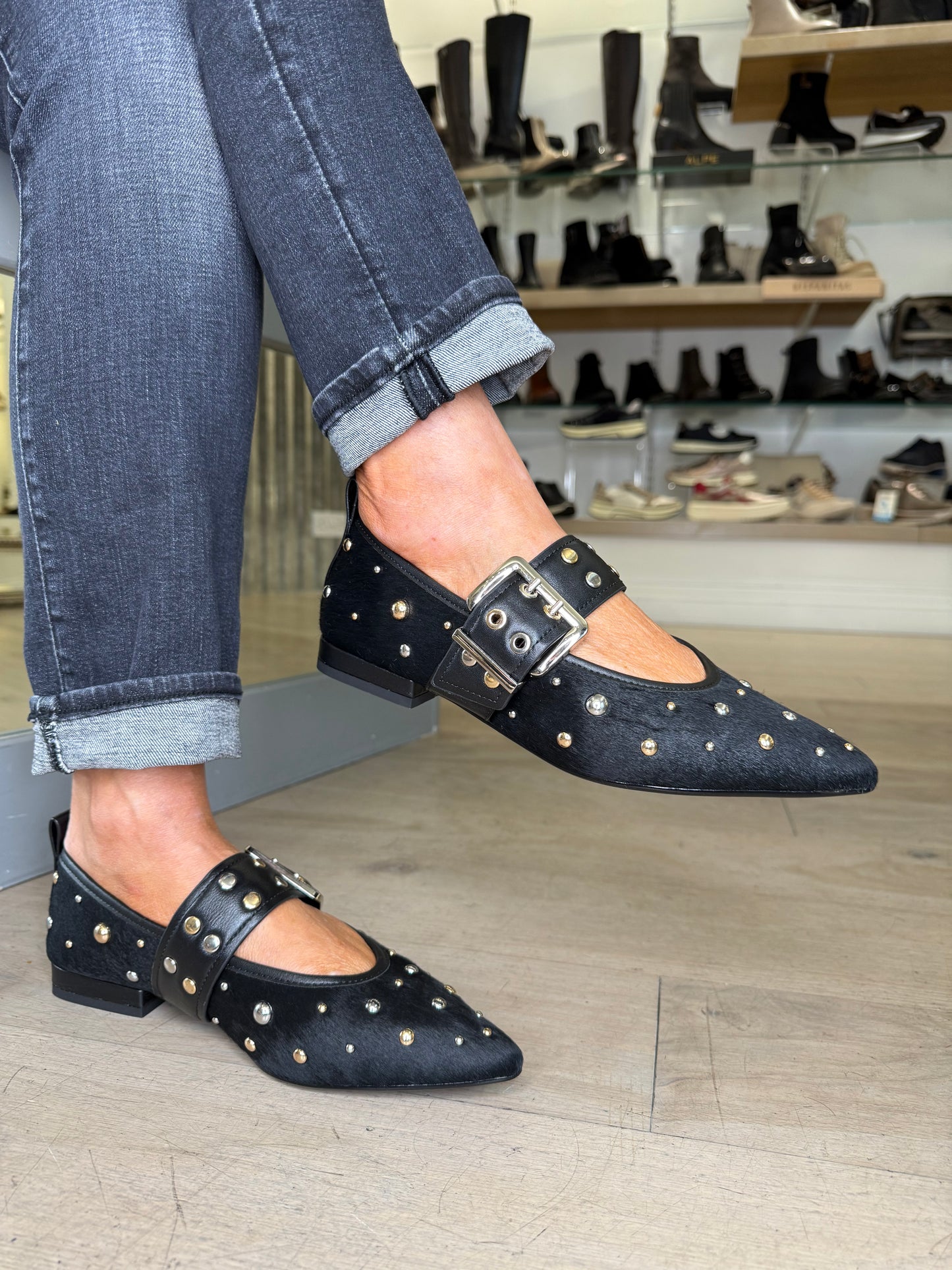 Lodi - Black Pointy Toe Pomps With Studded Trim