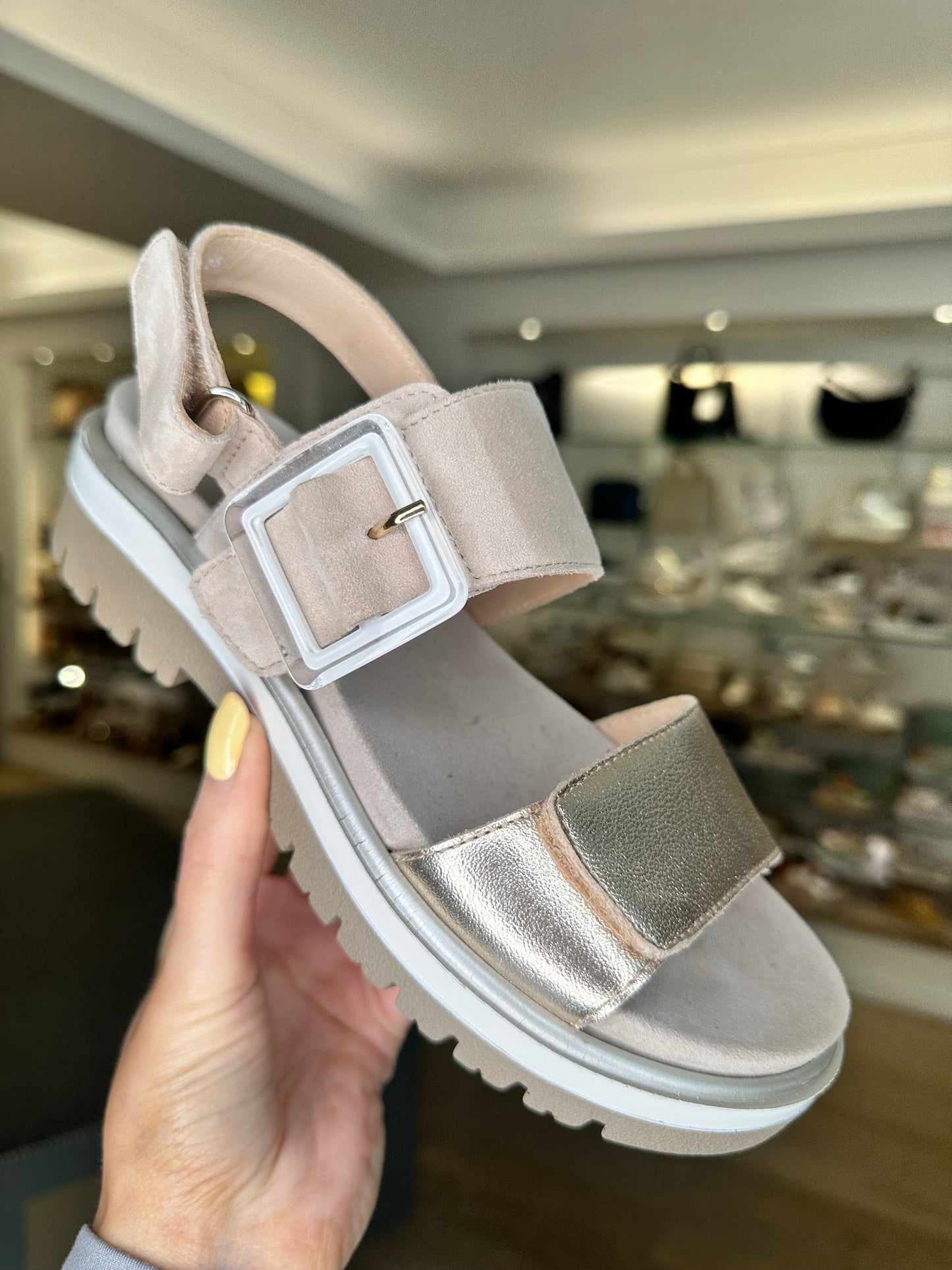 Ara -Soft Beige Suede / Soft Gold Velcro Strap Sandal