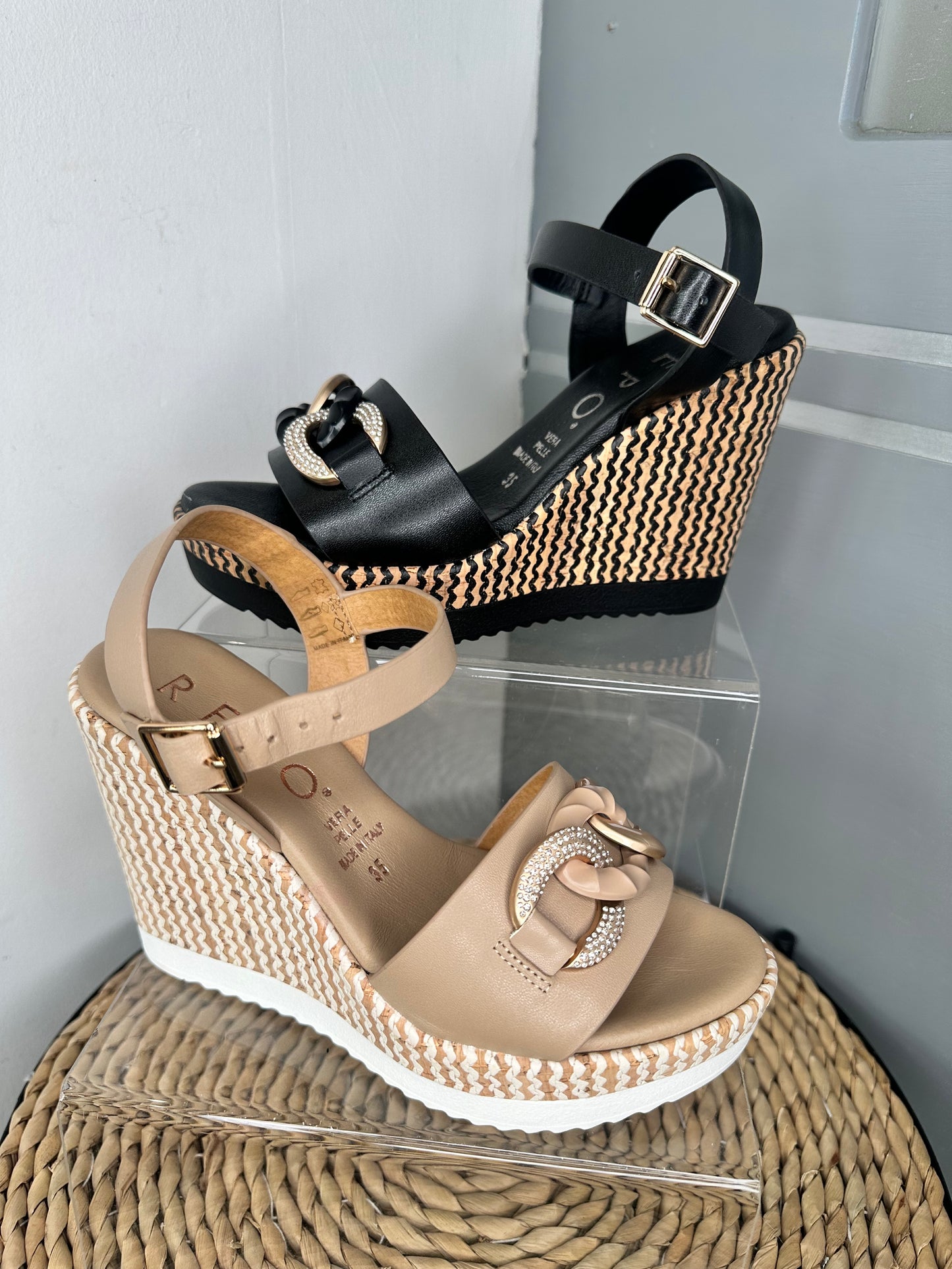 Repo - High Black Wedge With Diamante & Gold Chain Trim