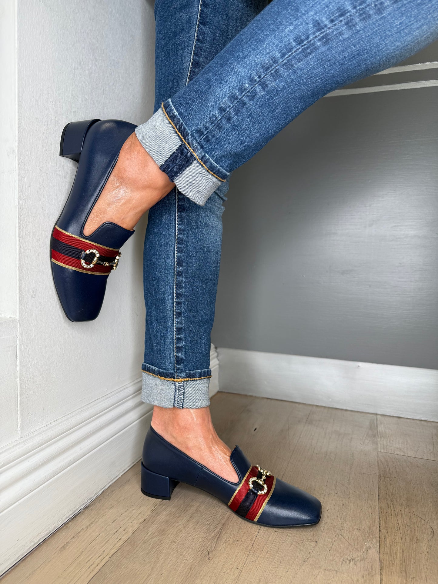 Marian - Navy Nappa Leather Slip On Shoe With Gold Chain