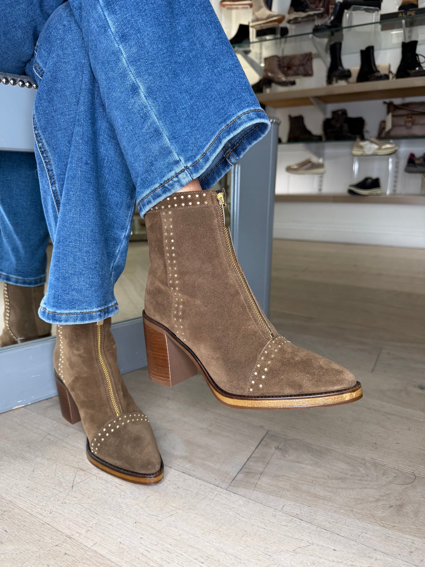 Alpe - Tobacco Suede Zip Up Pointy Toe Boot With Block Heel & Gold Stud Trim