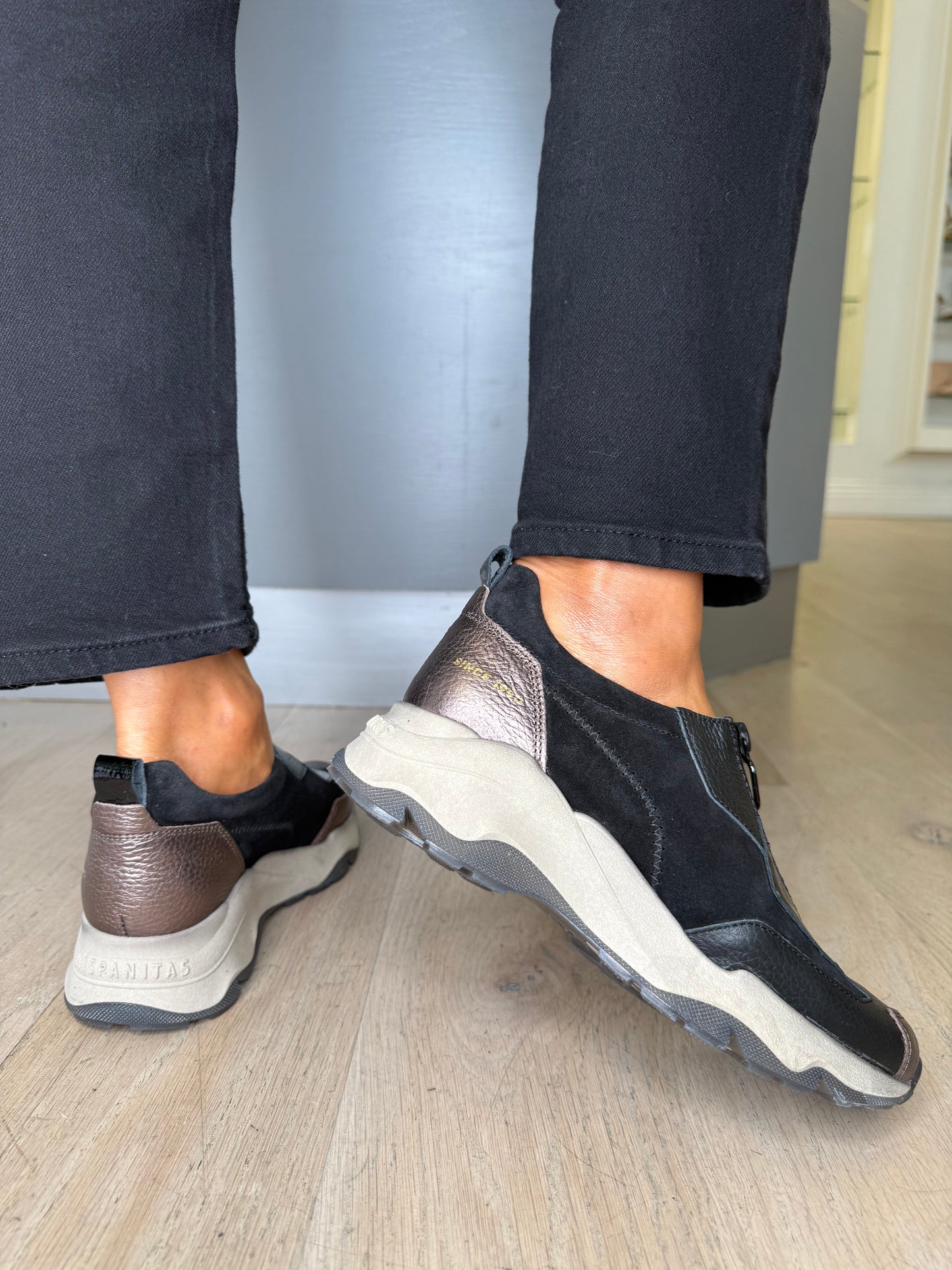 Hispanitas - Black Suede / Leather Patent Mix Zip Up Sporty Shoe
