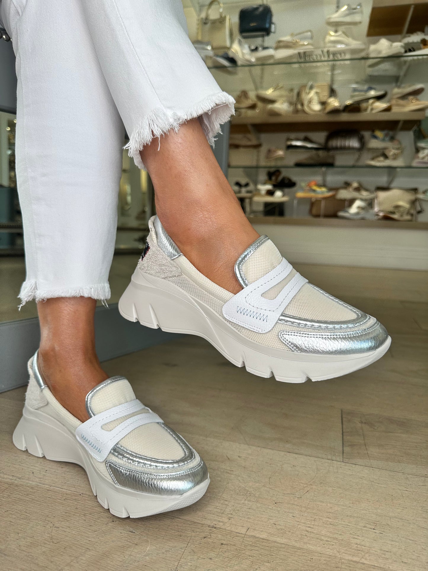 Hispanitas -Cream Mesh/Metallic Silver Slip On Sporty Shoe