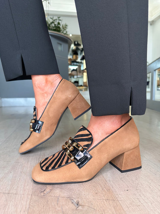 Marian - Tan Suede Block Heel Shoe With Zebra Print Trim