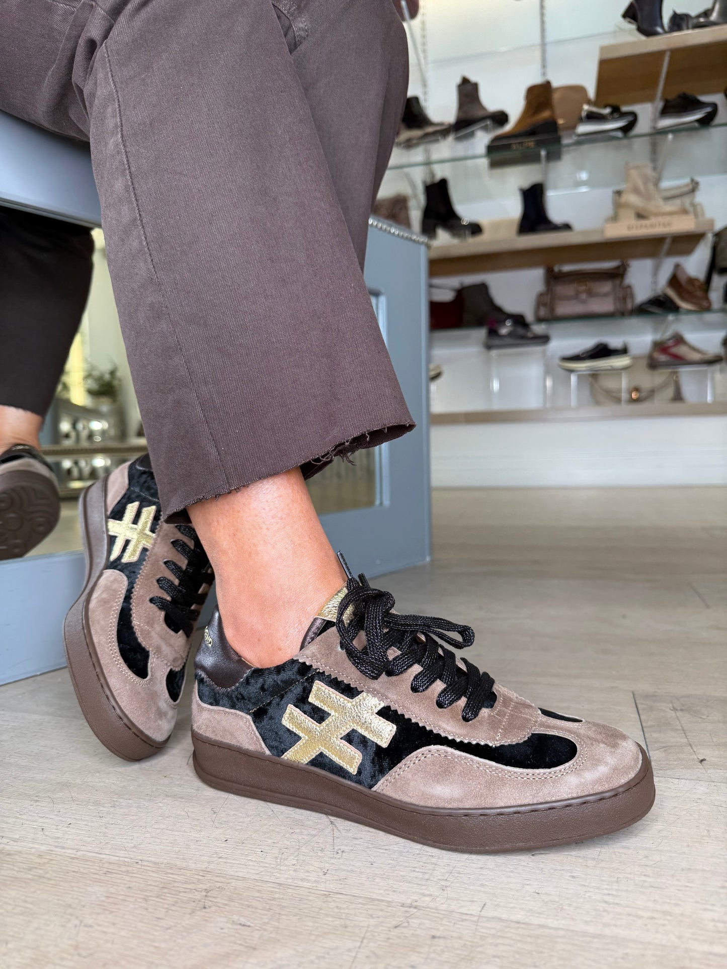 Another Trend - Soft Brown Suede/ Black Velvet Trainer With Metallic Gold & Dark Bronze Trim