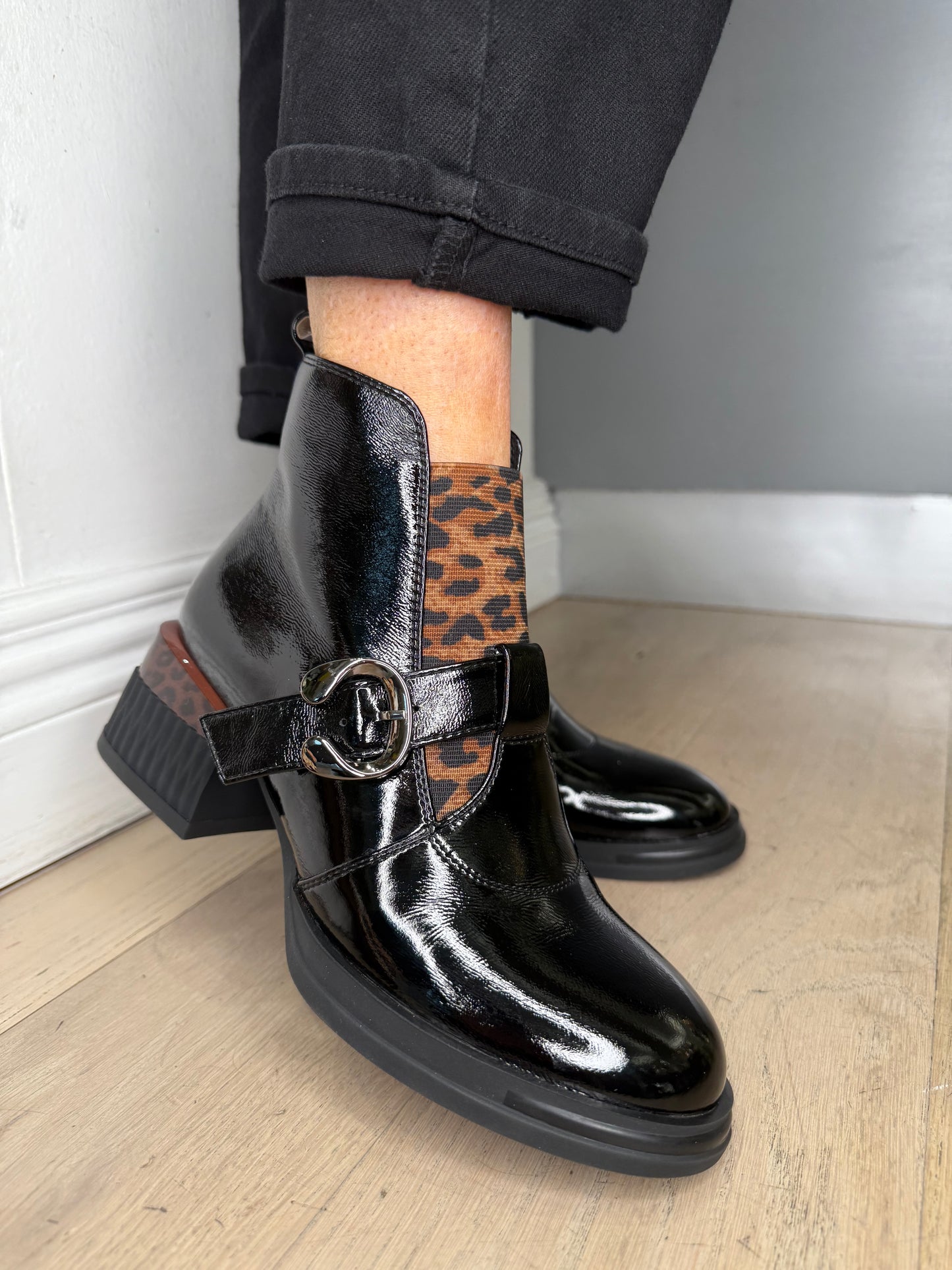 Loretta Vitale - Black Flexy Patent Boot With Leopard Print Trim & Block Heel