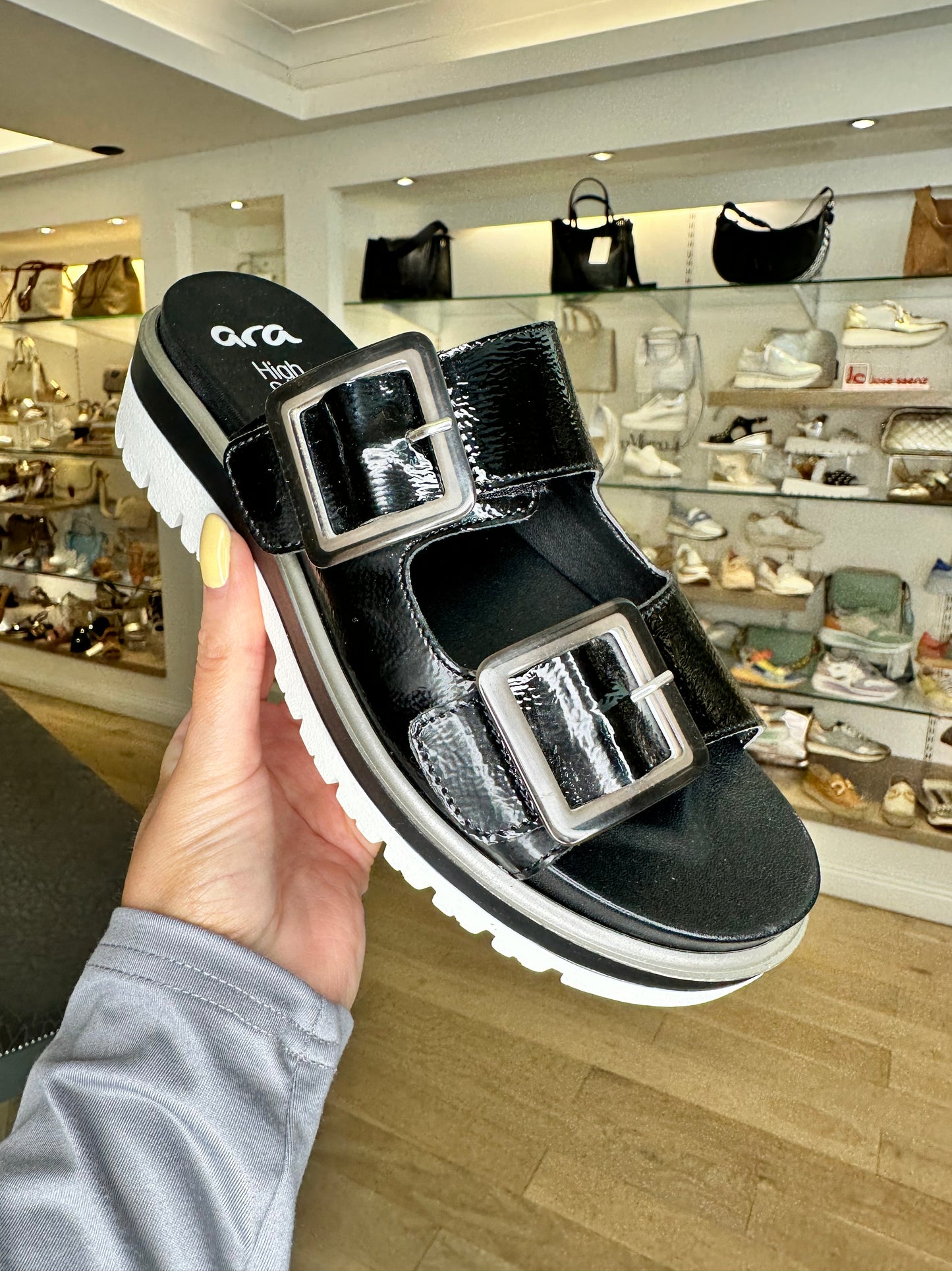 Ara -Black Flexy Patent Slider With Velcro Adjustable Straps