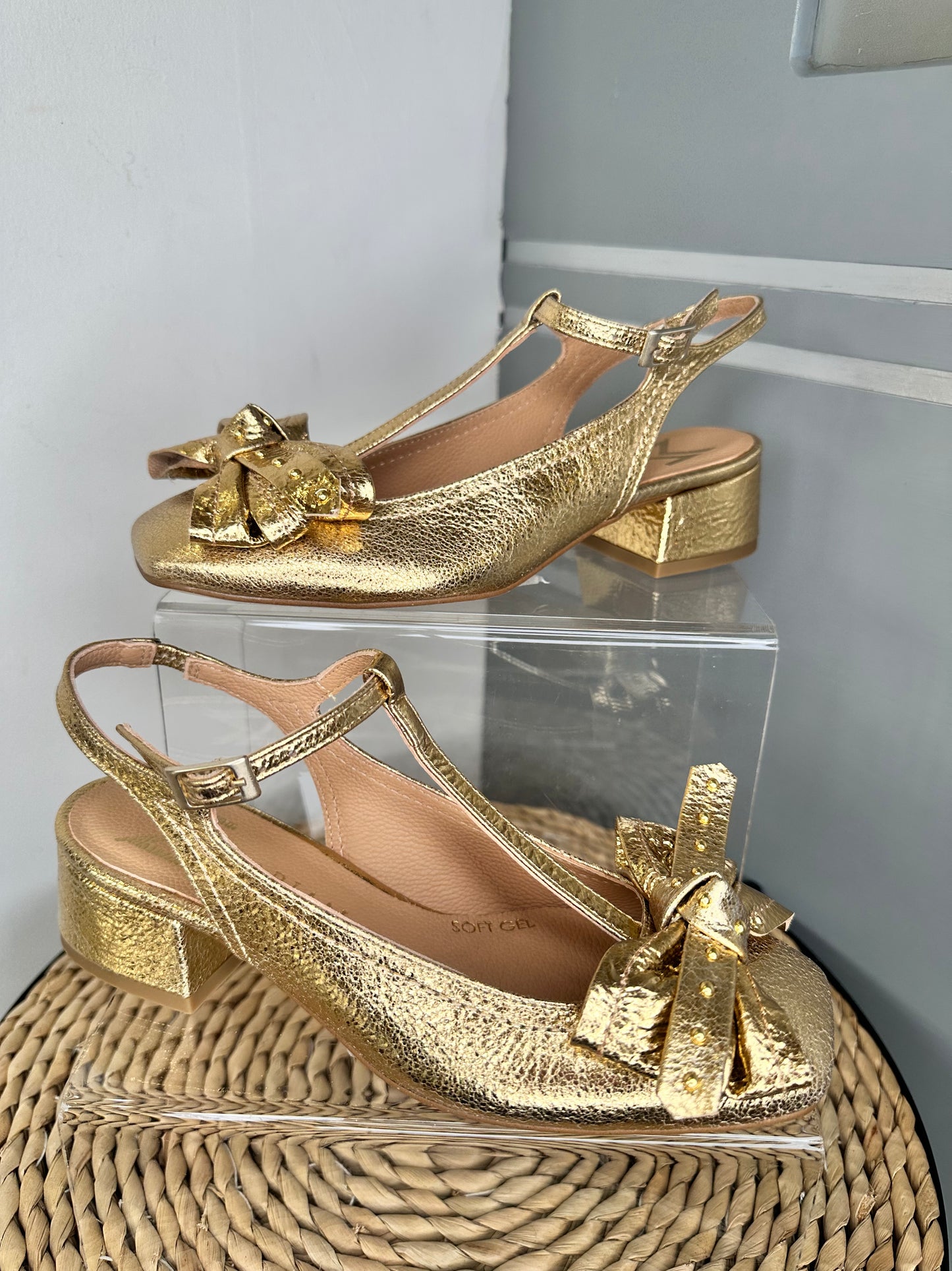 Marian - Antique Gold T-Bar Pomp Style Shoe With Bow Trim