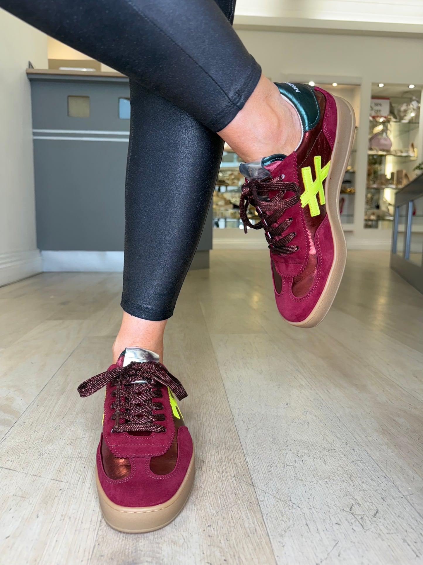 Another Trend - Wine Suede/ Metallic Trainer With Yellow & Teal Trim