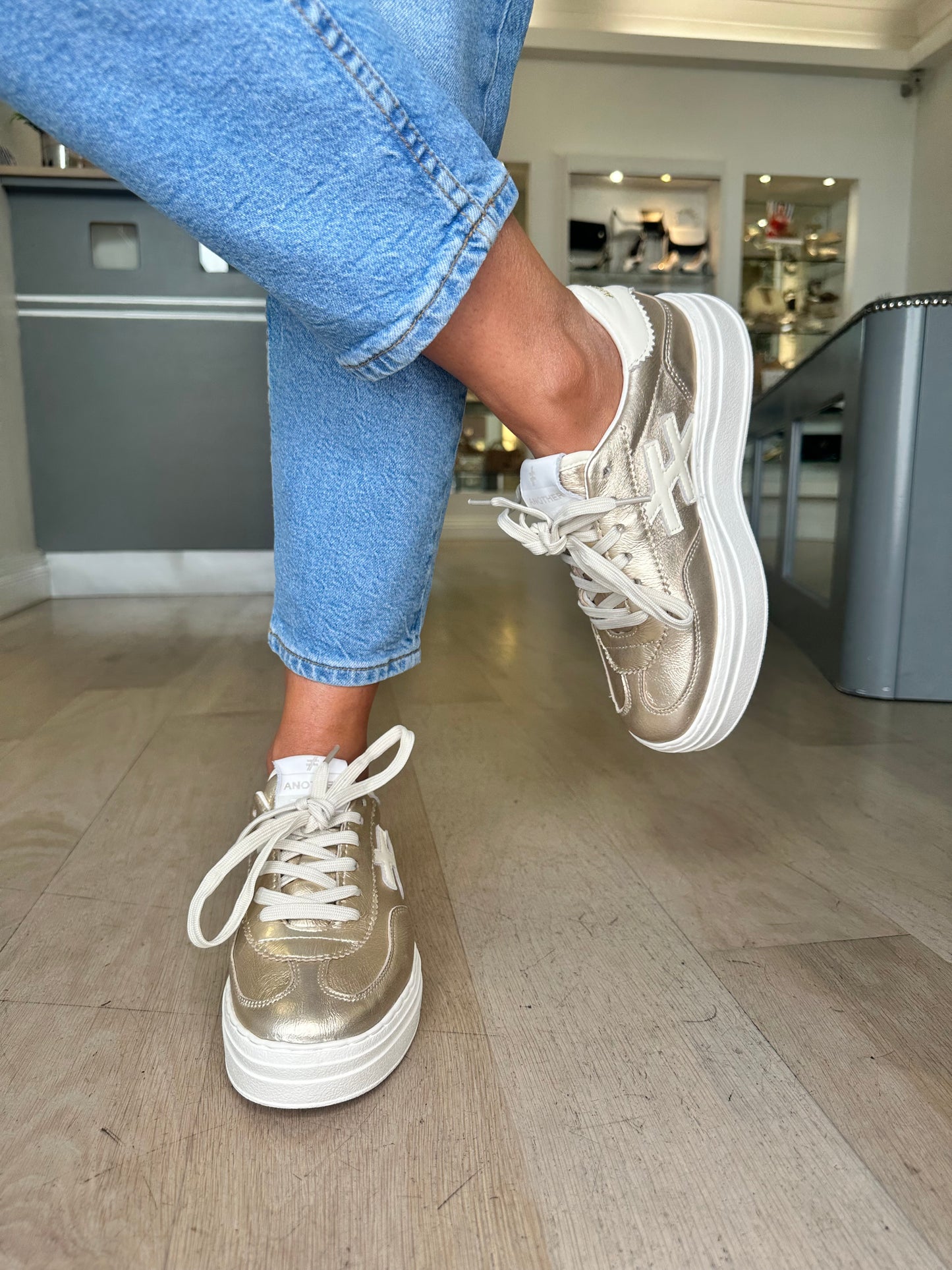 Another Trend - Soft Metallic Gold With Cream Trim & White Sole Platform Trainer