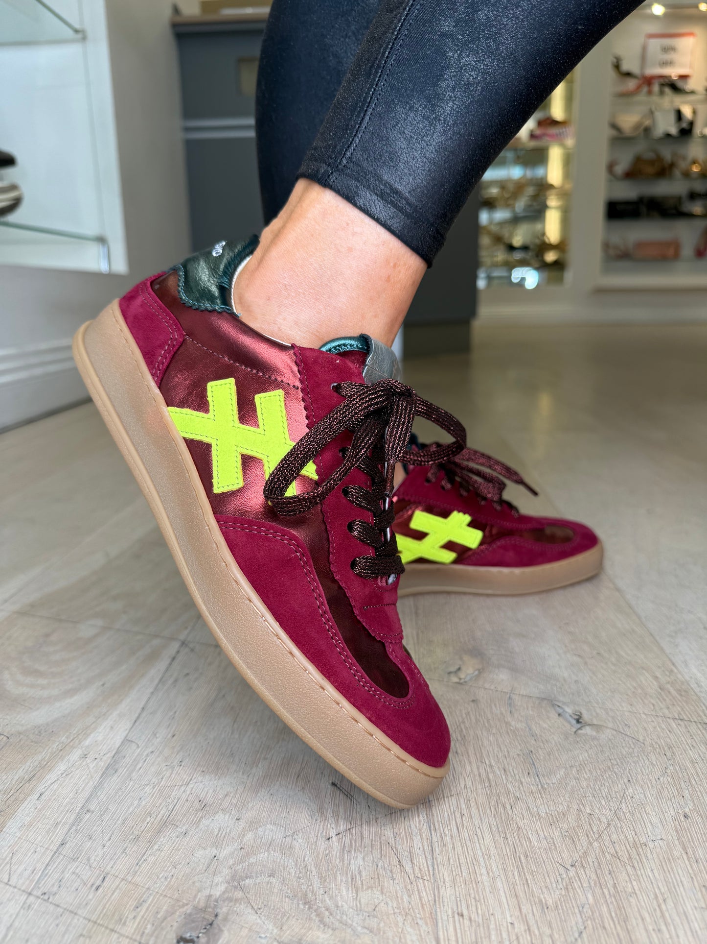 Another Trend - Wine Suede/ Metallic Trainer With Yellow & Teal Trim