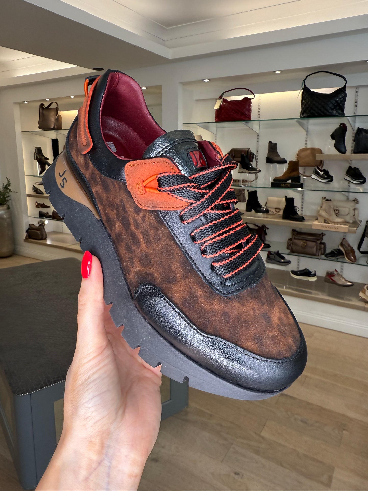 Jose Saenz - Black Leather / Leopard Print Trainer With A Burnt Orange Trim