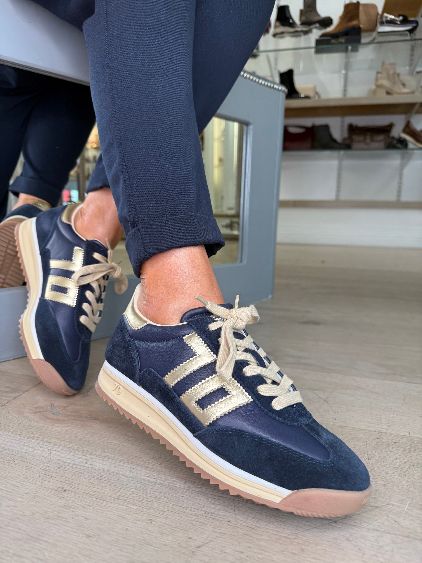 Back 70 - Dark Navy Suede / Leather Trainer with Gold Metallic Trim