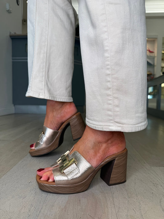 Oh My Sandals -Soft Metallic Bronze Block Heel Mule With Platform Sole