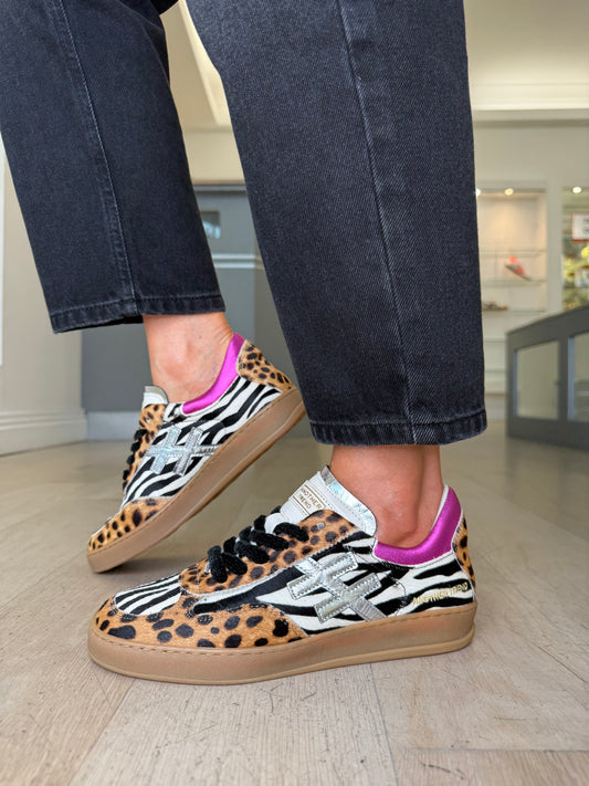 Another Trend -Multi Mix Animal Print Trainer With Hot Pink Trim
