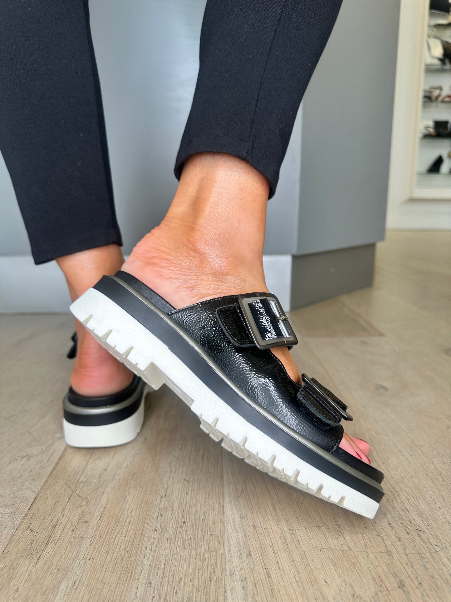 Ara -Black Flexy Patent Slider With Velcro Adjustable Straps