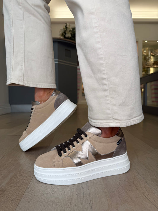 Marco Moreo - Madonna Camel Suede With Bronze Metallic Suede Flatform Sole Trainer
