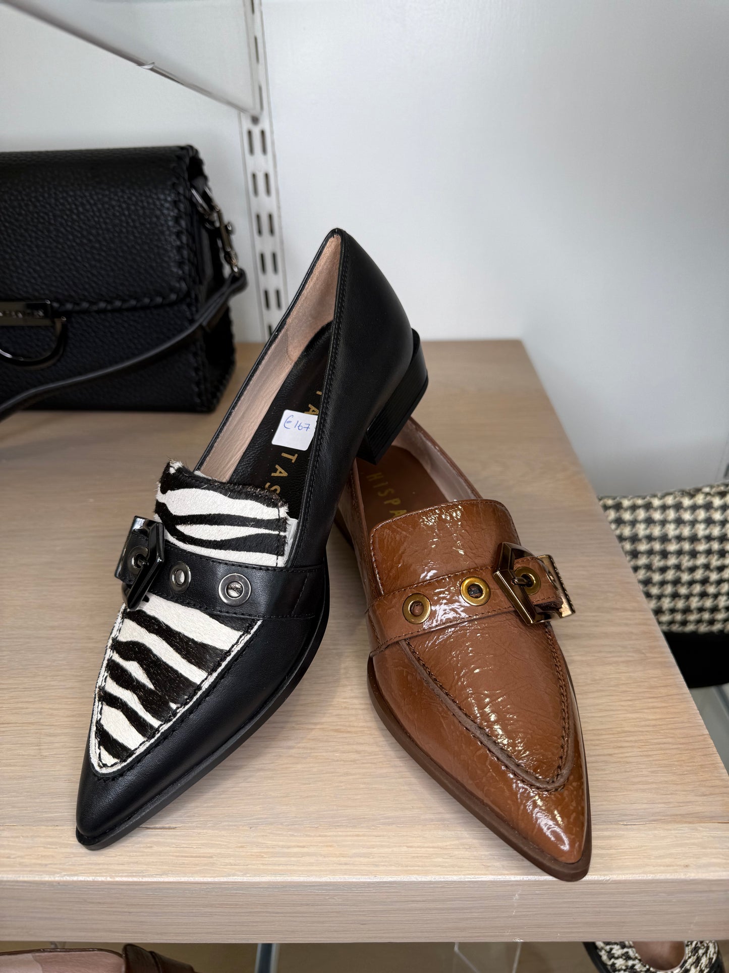 Hispanitas - Black Leather Pointy Toe Slip On Shoe With Zebra Print Inset